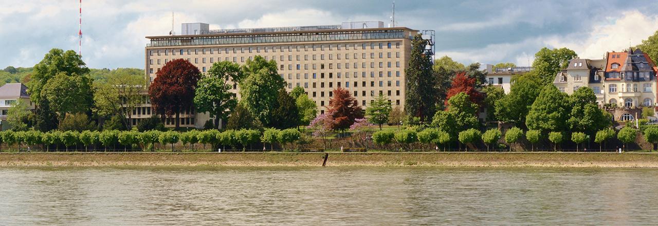 Office building, property of the Federal Office of Justice, photographed from across the Rhine. 